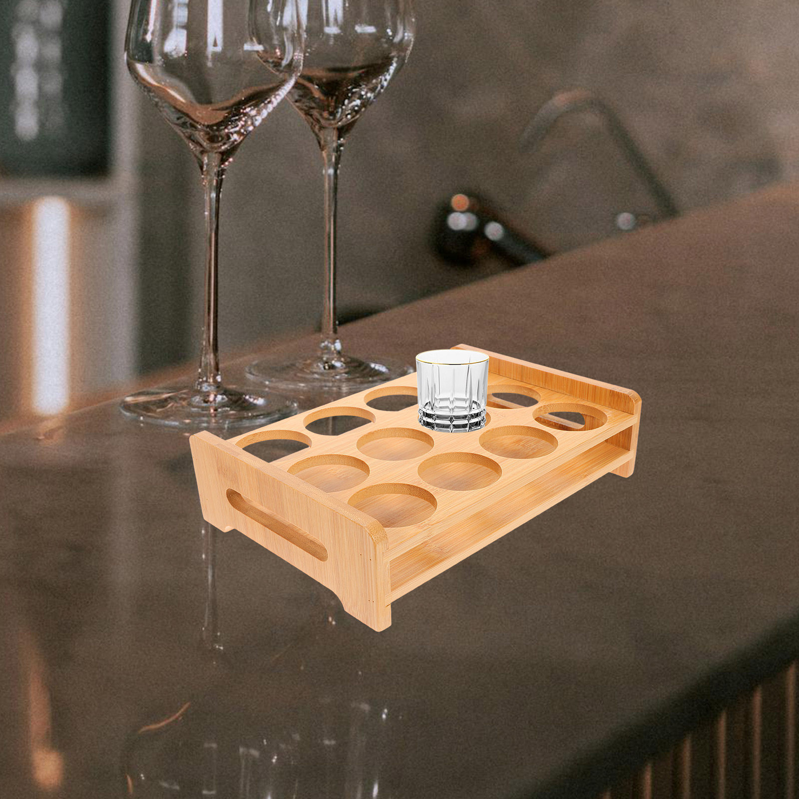 Wine Beer Whiskey - Bamboo Shot Glasses Holder Display Stand