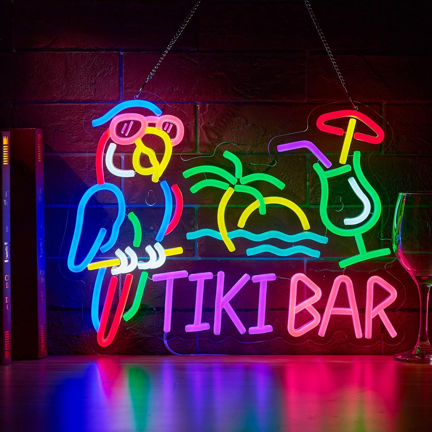 Beer & Wine Downtown - Tiki Bar Parrot Palm Tree Neon